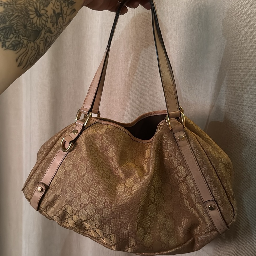 Gucci Tan and Gold Monogram Shoulder Bag
